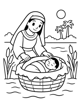 Free printable Baby Moses In The Nile River Basket coloring page