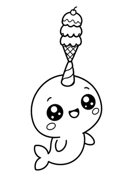 A happy baby narwhal coloring page balancing a tall ice cream cone on its horn.
