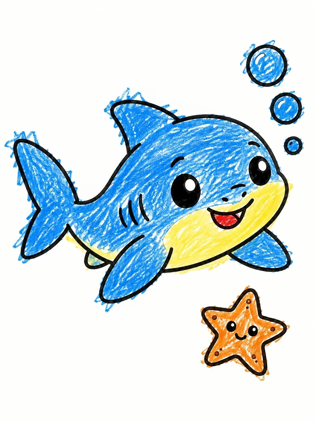 Colored example of the Cute Baby Shark With Little Starfish coloring page