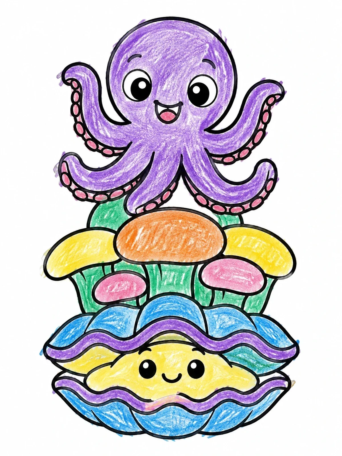 Colored example of the Cute Baby Octopus And Giant Clam coloring page