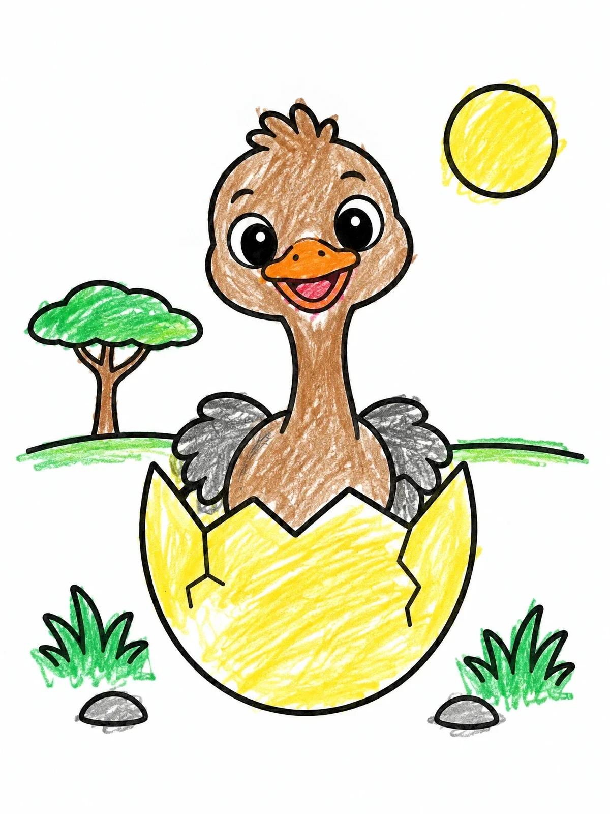 Colored example of the Cute Baby Ostrich Hatching From Egg coloring page