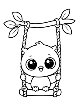A cheerful baby owl coloring page featuring a little owl sitting happily on a wooden rope swing.