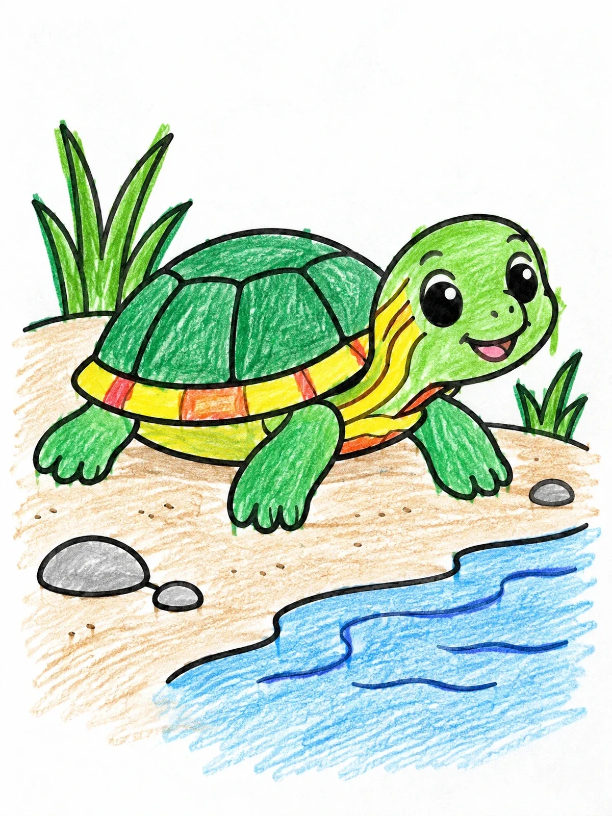 Colored example of the Cute Baby Painted Turtle By The Water coloring page