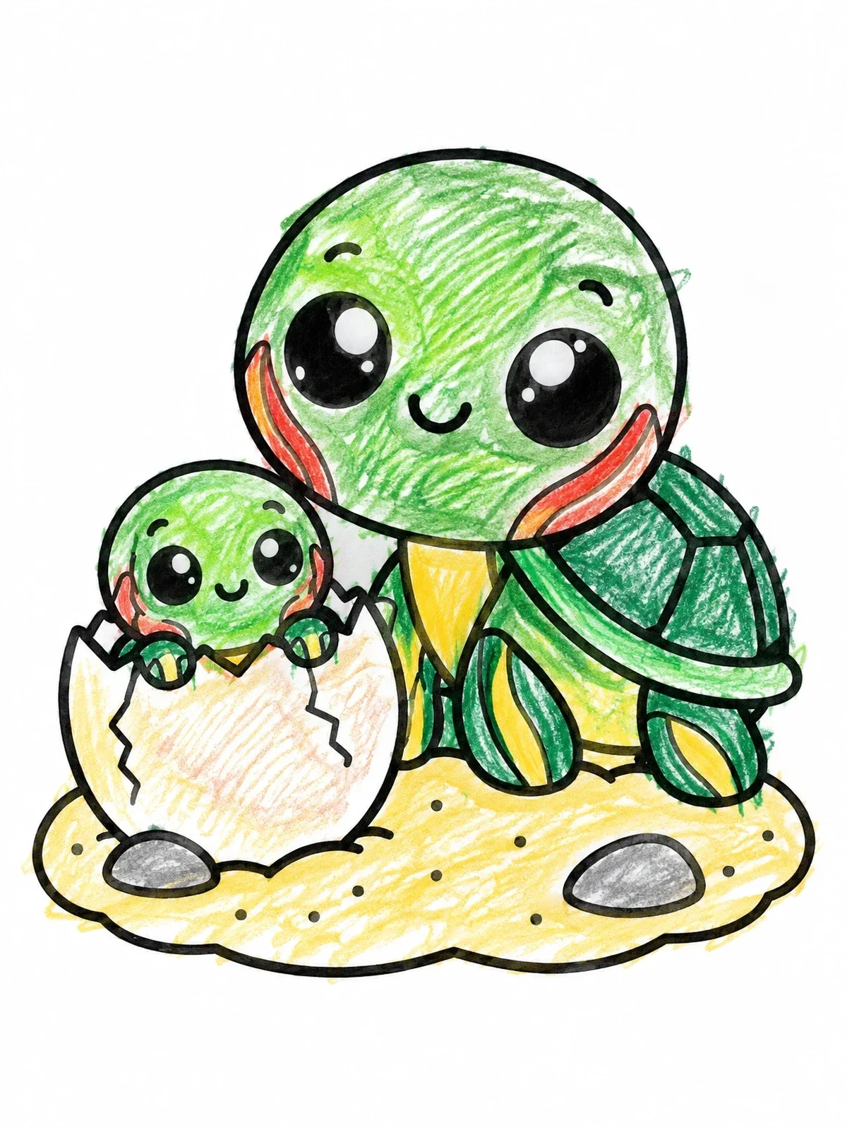 Colored example of the Cute Baby Turtle Hatching Near Mother coloring page