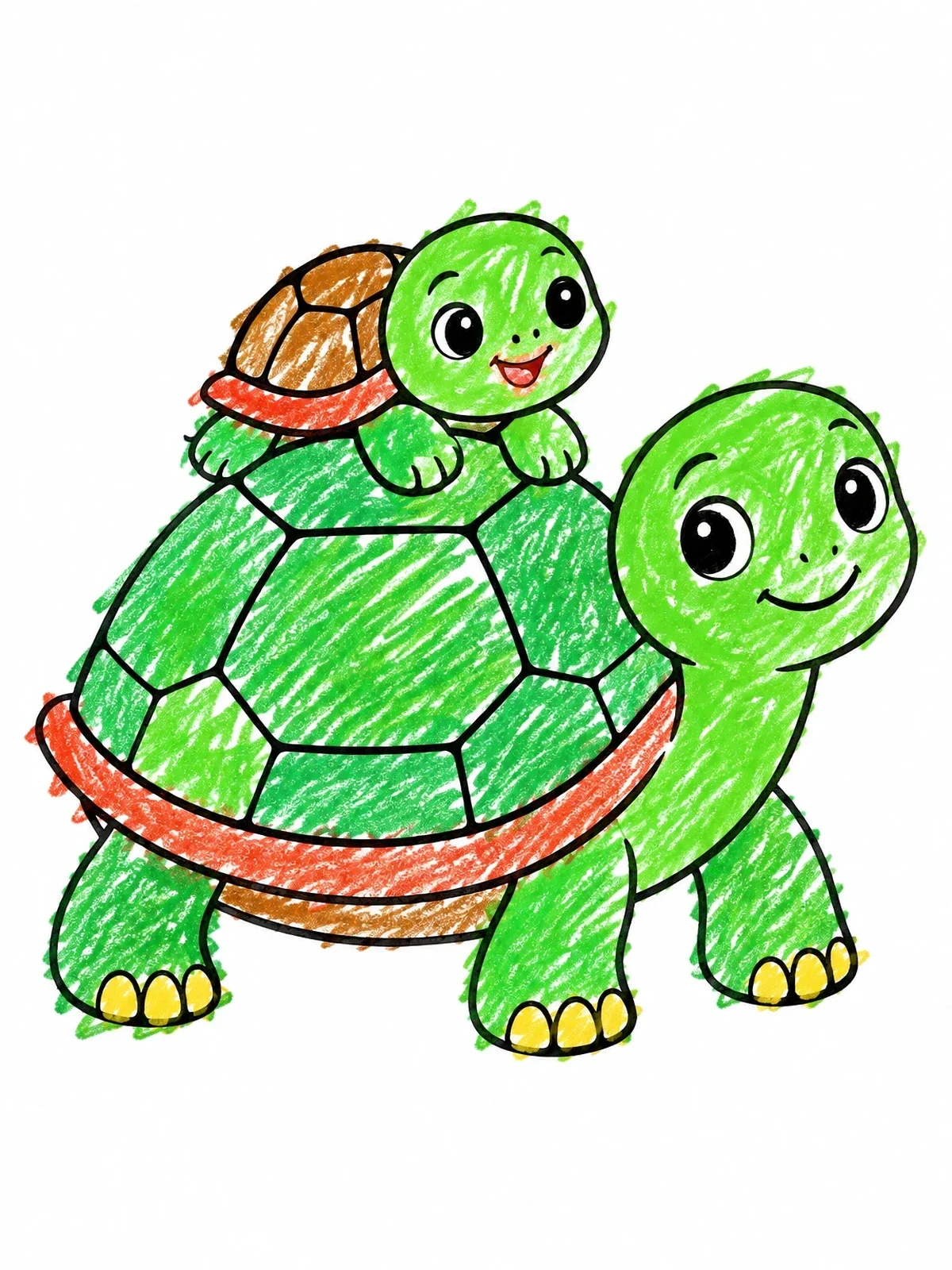 Colored example of the Baby Turtle On Mother Shell coloring page