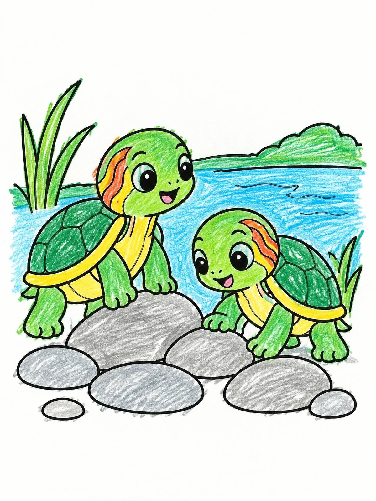 Colored example of the Two Baby Painted Turtles By Pond coloring page