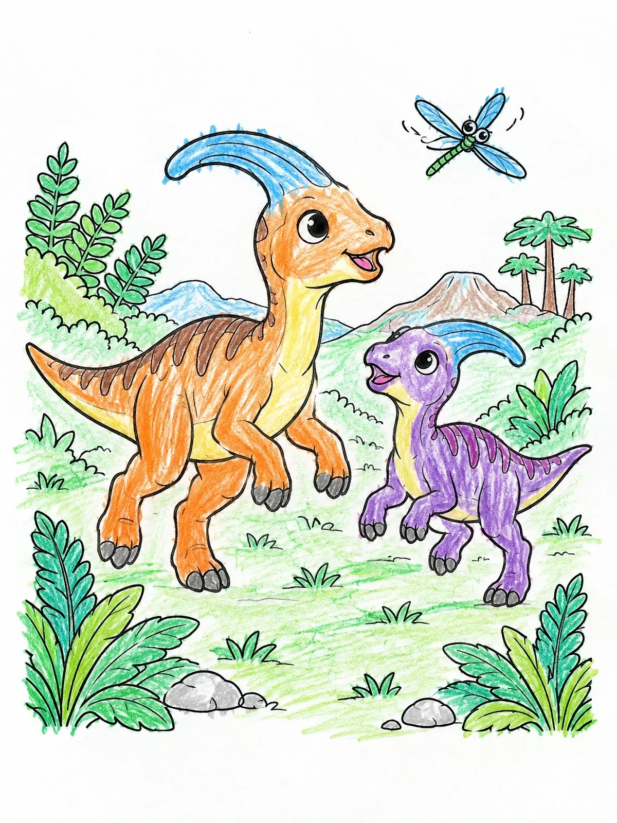 Colored example of the Playful Baby Parasaurolophus Chasing Dragonfly coloring page