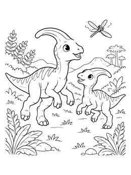 Free printable Playful Baby Parasaurolophus Chasing Dragonfly coloring page