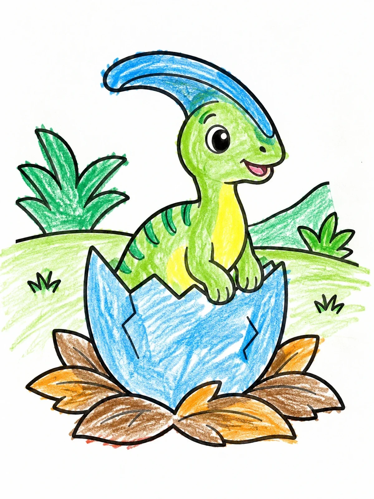 Colored example of the Baby Parasaurolophus Hatching From Egg coloring page