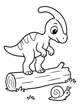 A cute parasaurolophus coloring page featuring a baby dinosaur balancing on a log beside a snail.