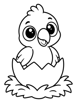 A cute baby parrot coloring page showing a chick hatching from an eggshell in a nest.