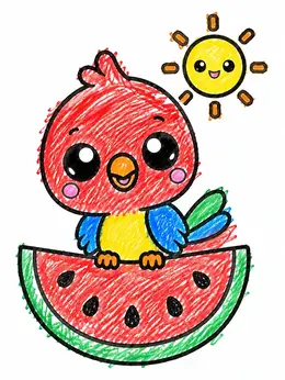 Cute Baby Parrot On Watermelon Slice Coloring Page