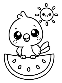 A cheerful baby parrot coloring page perched on a tasty slice of watermelon under a smiling sun.