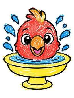 Cute Baby Parrot In Birdbath Coloring Page