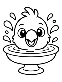 A cute parrot coloring page featuring a happy little bird taking a splashy bath.