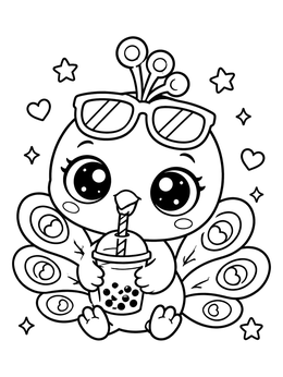 A sweet baby peacock coloring page with sunglasses drinking boba tea.