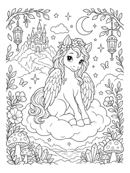 A cute baby pegasus coloring page featuring a fantasy night sky and castle.