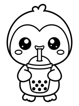 A cute penguin coloring page featuring a baby penguin drinking boba tea.