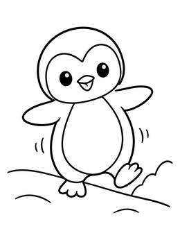 A cheerful baby penguin coloring page showing a little chick waddling happily on a snowy hill.