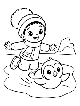 A cheerful toddler watches a baby penguin on ice in this cute baby coloring page.