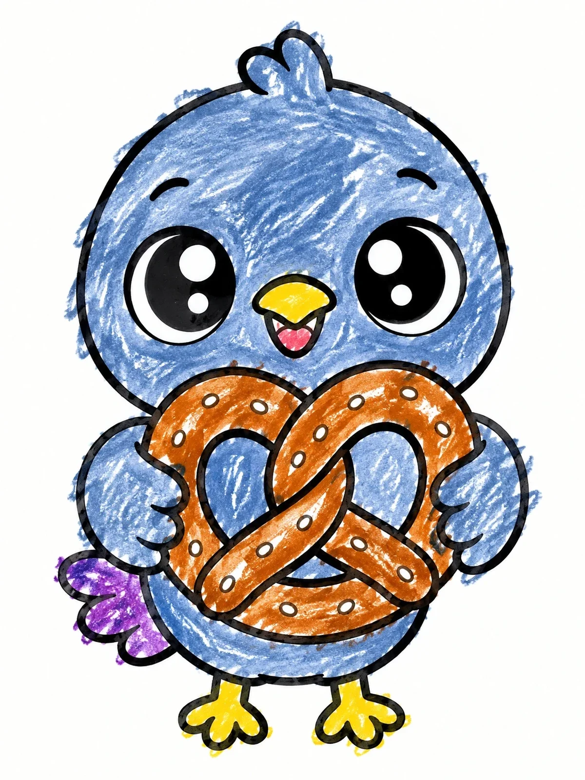 Colored example of the Cute Baby Pigeon Holding Pretzel coloring page