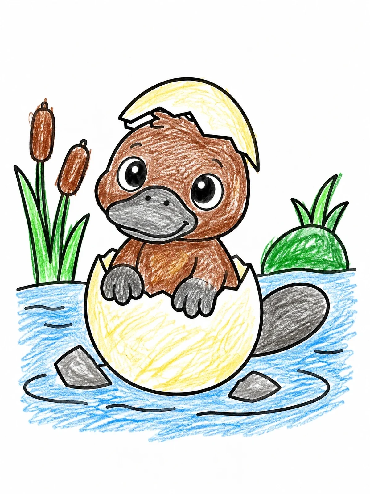 Colored example of the Cute Baby Platypus Hatching From Egg coloring page