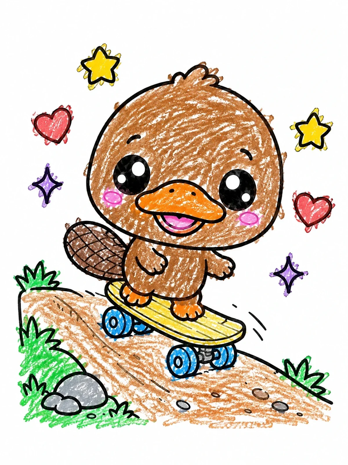 Colored example of the Cute Baby Platypus Skateboarding coloring page
