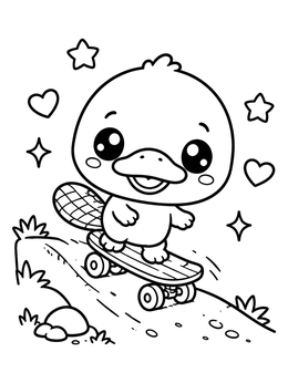 A cheerful baby on a skateboard in this platypus coloring page with stars and hearts.