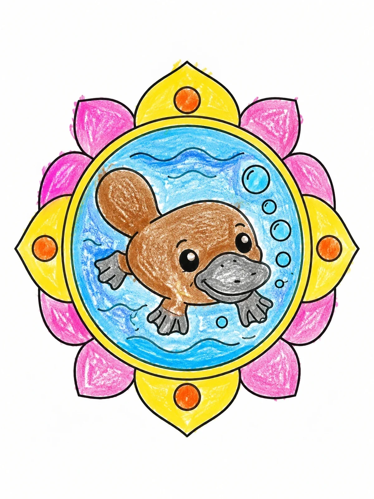 Colored example of the Cute Baby Platypus Swimming In Frame coloring page