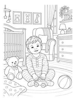 A smiling toddler on a nursery rug highlights this baby coloring page.