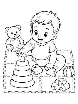 A cheerful baby coloring page featuring a toddler sitting with toys on a foam puzzle mat.