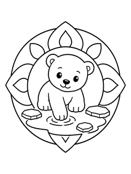 A cute polar bear coloring page showing a cub dipping its paw into a water puddle.