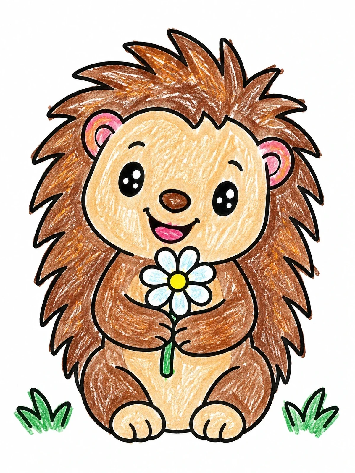 Colored example of the Cute Baby Porcupine With Daisy coloring page