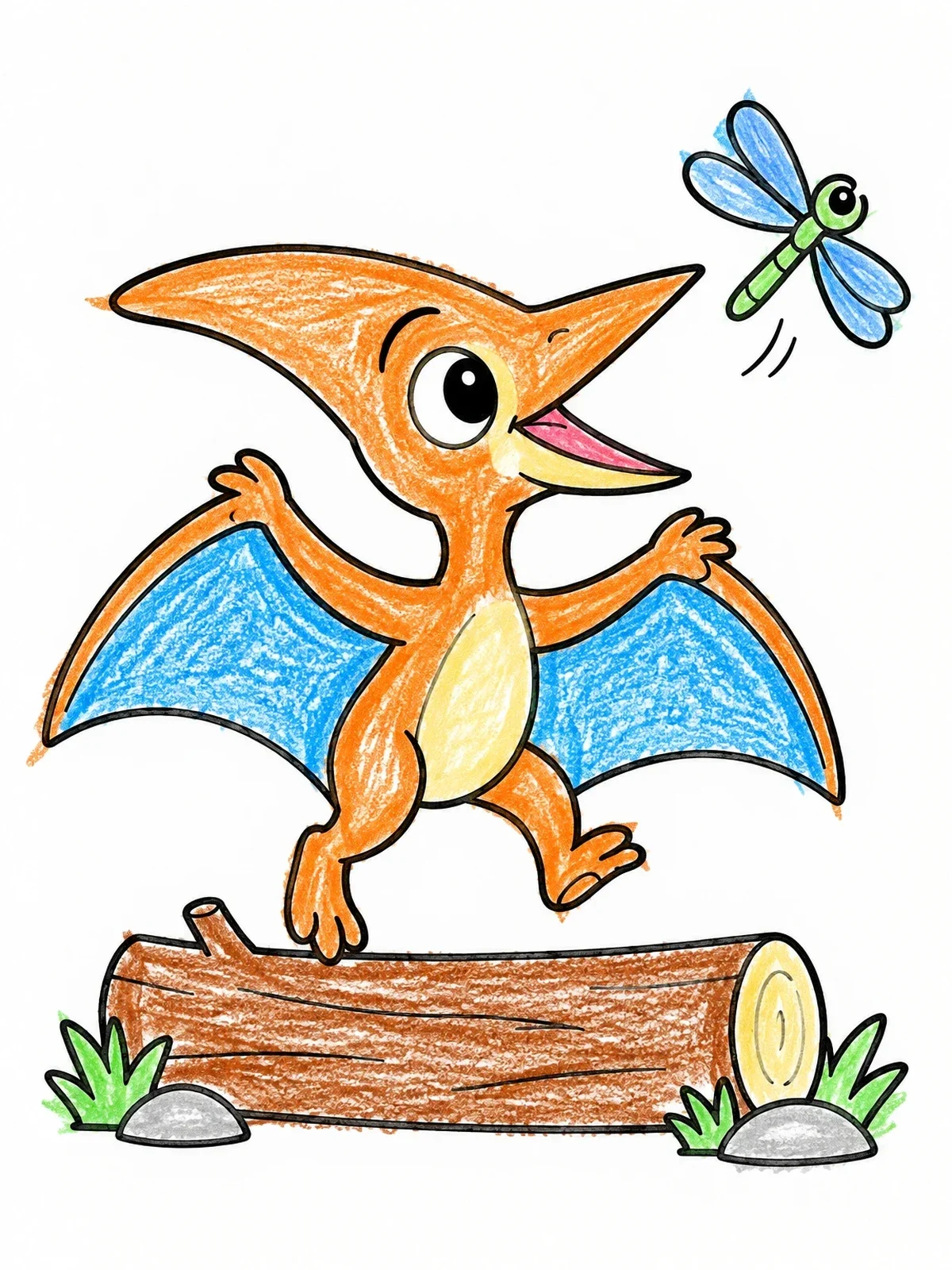 Colored example of the Baby Pteranodon Chasing A Dragonfly coloring page