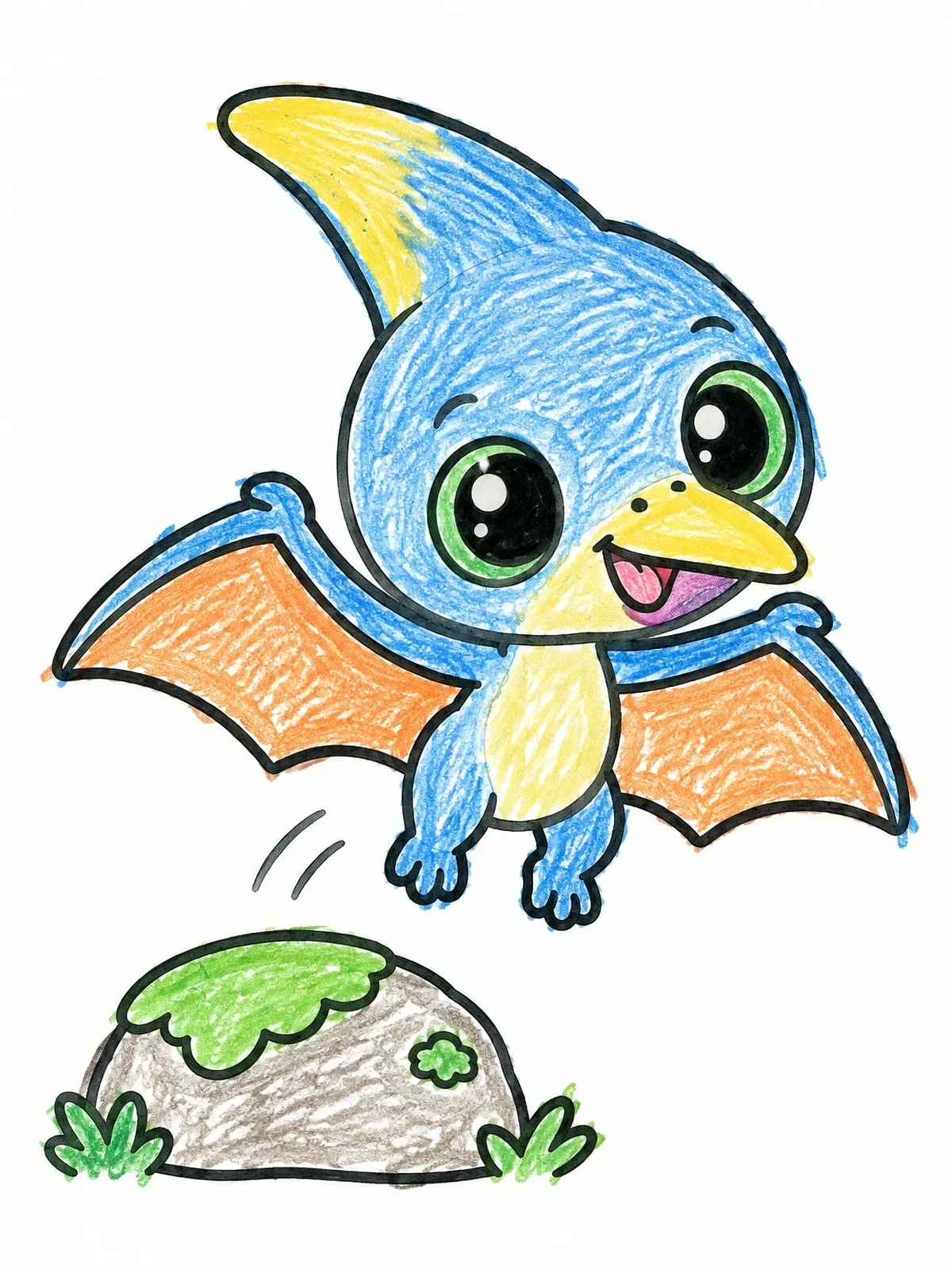 Colored example of the Playful Baby Pteranodon Hopping Off Rock coloring page