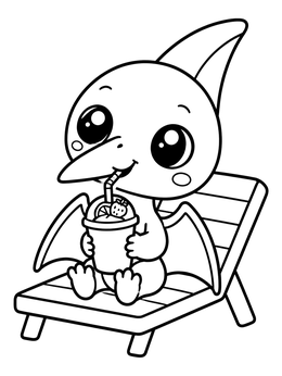 A cute pterodactyl coloring page showing a baby dinosaur sipping a smoothie on a beach chair.