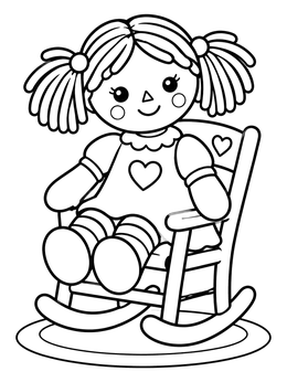 A sweet rag doll sits on a rocking chair in this baby coloring page.