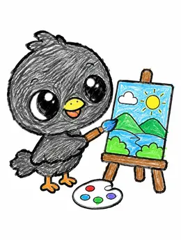 Easel Example Cute Baby Bird Painting A Landscape – Raven Coloring Page