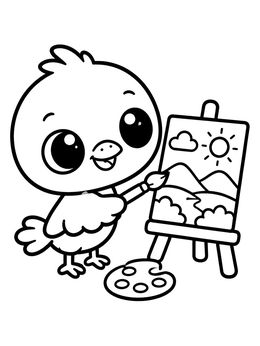 A cute raven coloring page showing a baby bird painting a sunny mountain scene on an easel.