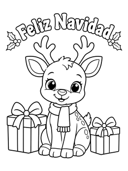 A sweet feliz navidad coloring page showing an adorable baby reindeer sitting between wrapped Christmas gifts.