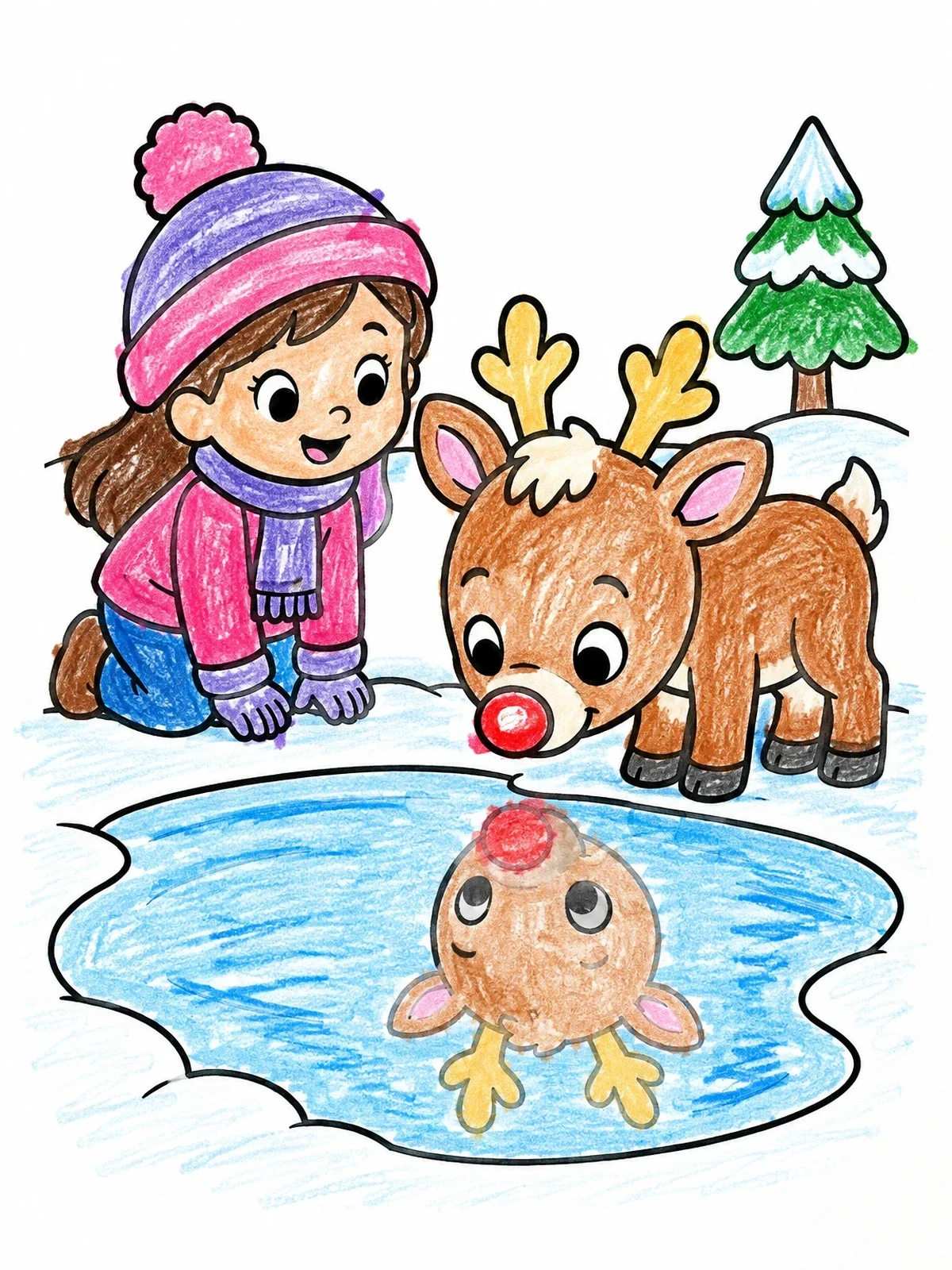 Colored example of the Reindeer Checking Its Nose Reflection coloring page