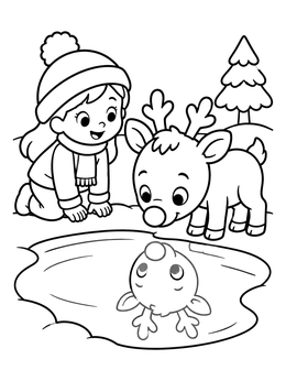 A cute reindeer looks at its reflection in this winter nose coloring page with a smiling child.