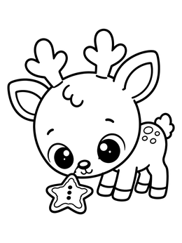 A cute baby reindeer coloring page featuring a fawn looking at a star gingerbread cookie.
