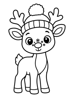 A cute baby reindeer coloring page wearing a pom-pom beanie with snowflakes on its nose.