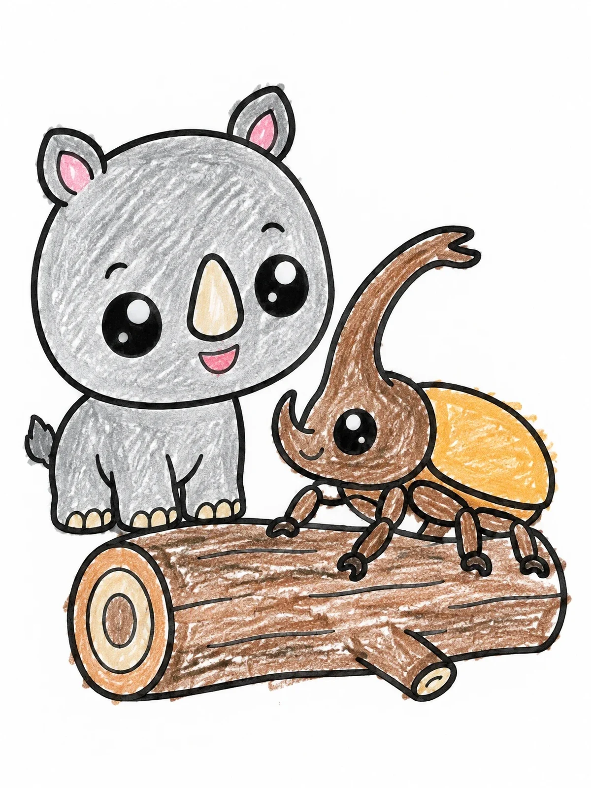 Colored example of the Baby Rhinoceros And Rhino Beetle coloring page