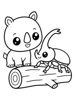 Free printable Baby Rhinoceros And Rhino Beetle coloring page