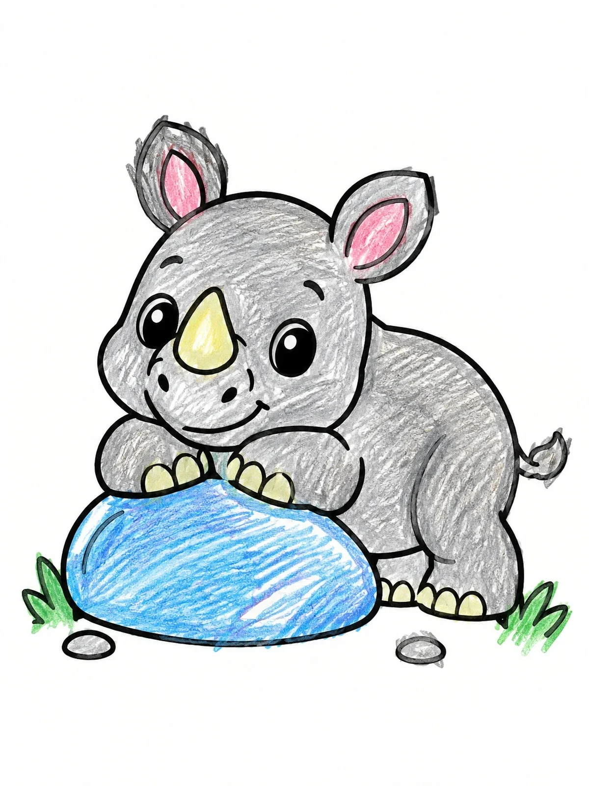 Colored example of the Cute Baby Rhinoceros Resting On Stone coloring page