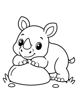 A cute baby rhinoceros coloring page resting its paws on a smooth stone.
