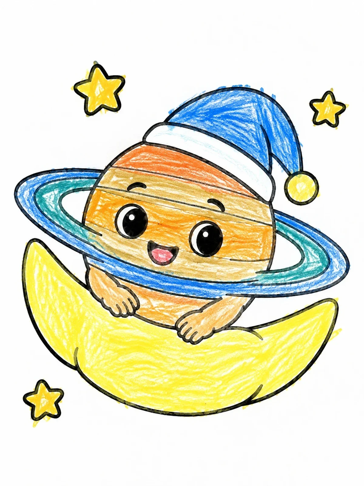 Colored example of the Sleepy Baby Saturn On Crescent Moon coloring page