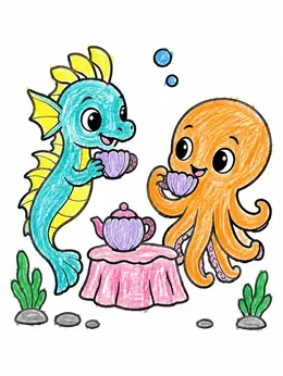 Sea Dragon And Octopus Tea Party Coloring Page